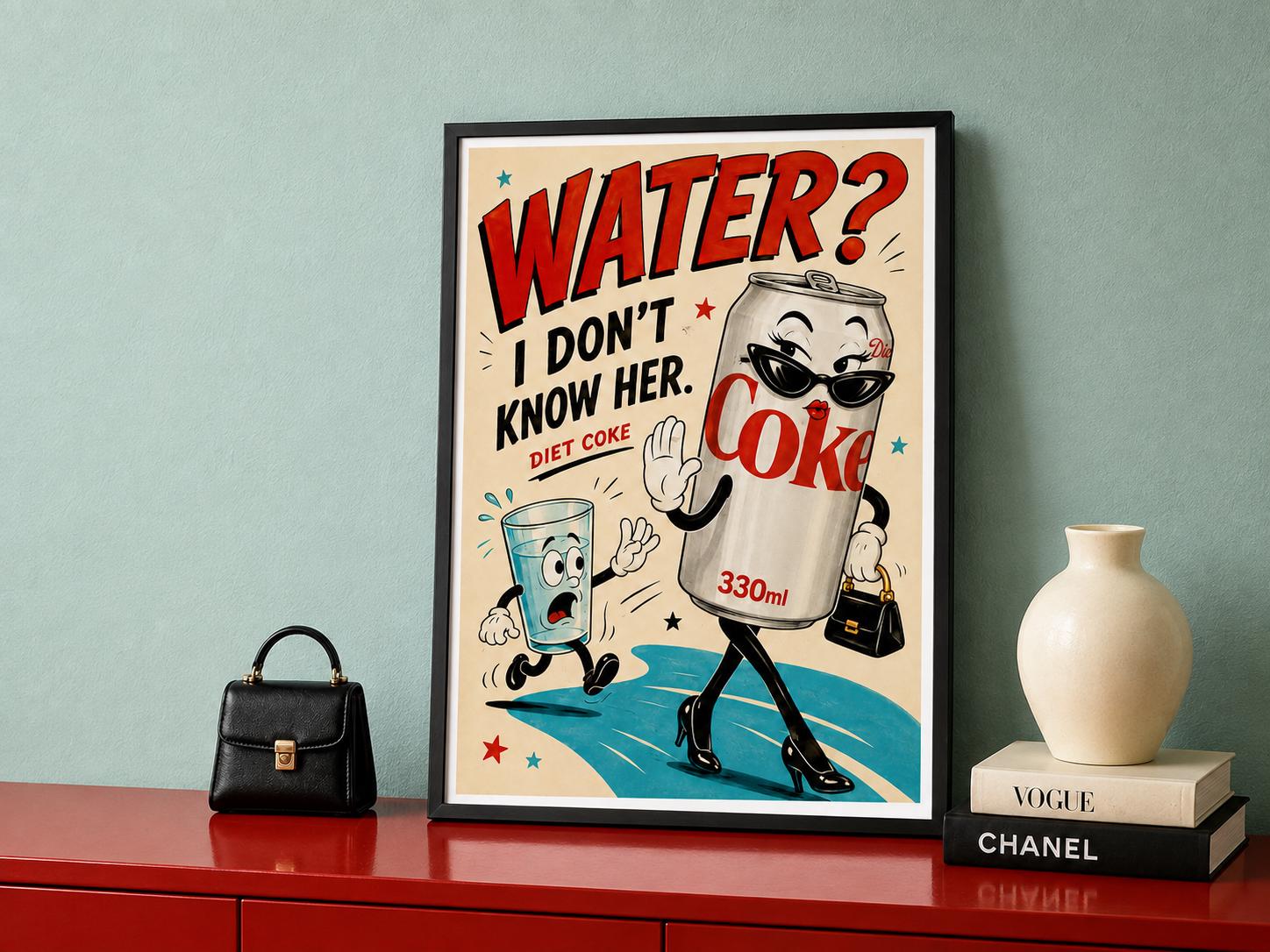 Funny Diet Coke Poster | Retro Rubber Hose Cartoon Art | Colourful Kitchen Wall Decor