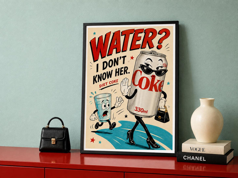Funny Diet Coke Poster | Retro Rubber Hose Cartoon Art | Colourful Kitchen Wall Decor