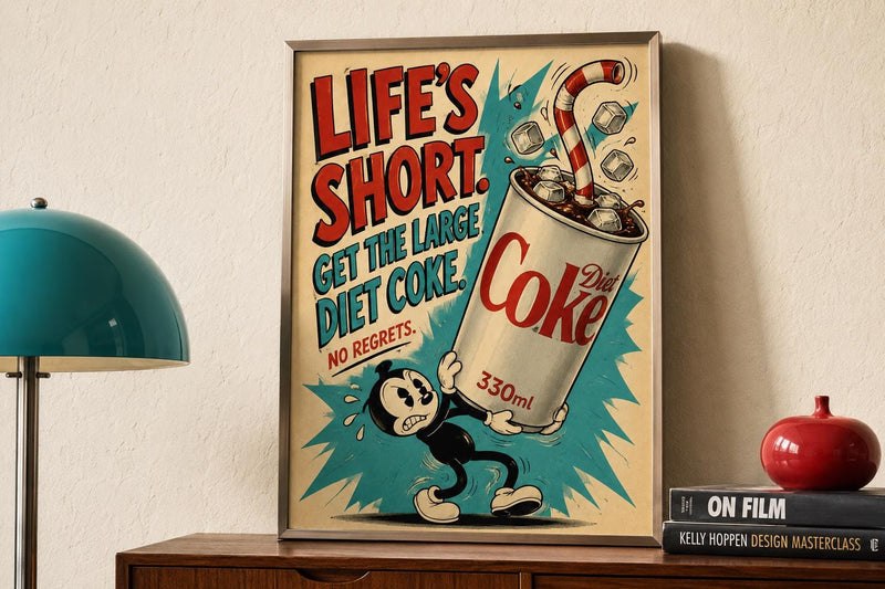 Large Diet Coke Print | Retro Rubber Hose Cartoon Art, Funny Kitchen Poster