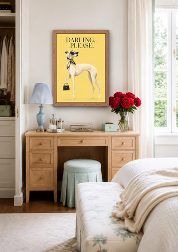 Fashion Whippet Print, Elegant Dog with Sunglasses, Yellow Maximalist Wall Art