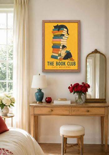 Book Club Print, Colourful Bookish Decor, Cat Lover Art, Reading Nook Poster