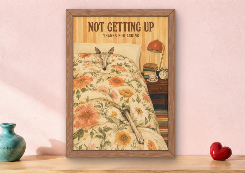 Funny Whippet Art Print, Sleepy Dog Bedroom Wall Art, 1970s Floral Duvet