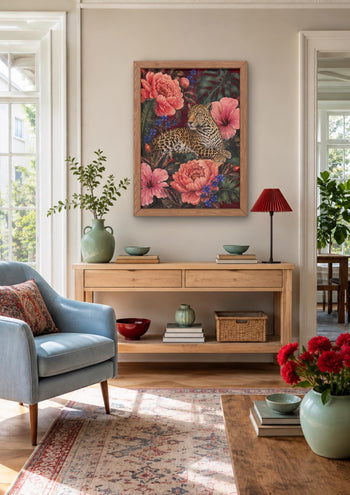 Maximalist Leopard Print, Floral Jungle Wall Art, Burgundy Botanical Decor