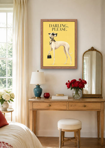Fashion Whippet Print, Elegant Dog with Sunglasses, Yellow Maximalist Wall Art