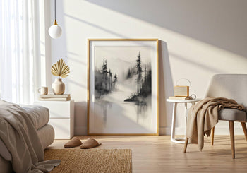 Japandi Forest Print: Sumi-e Ink Landscape, Zen Wall Art