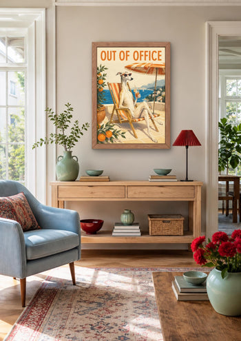 Whippet "Out of Office" Art Print, Mediterranean Dog Poster