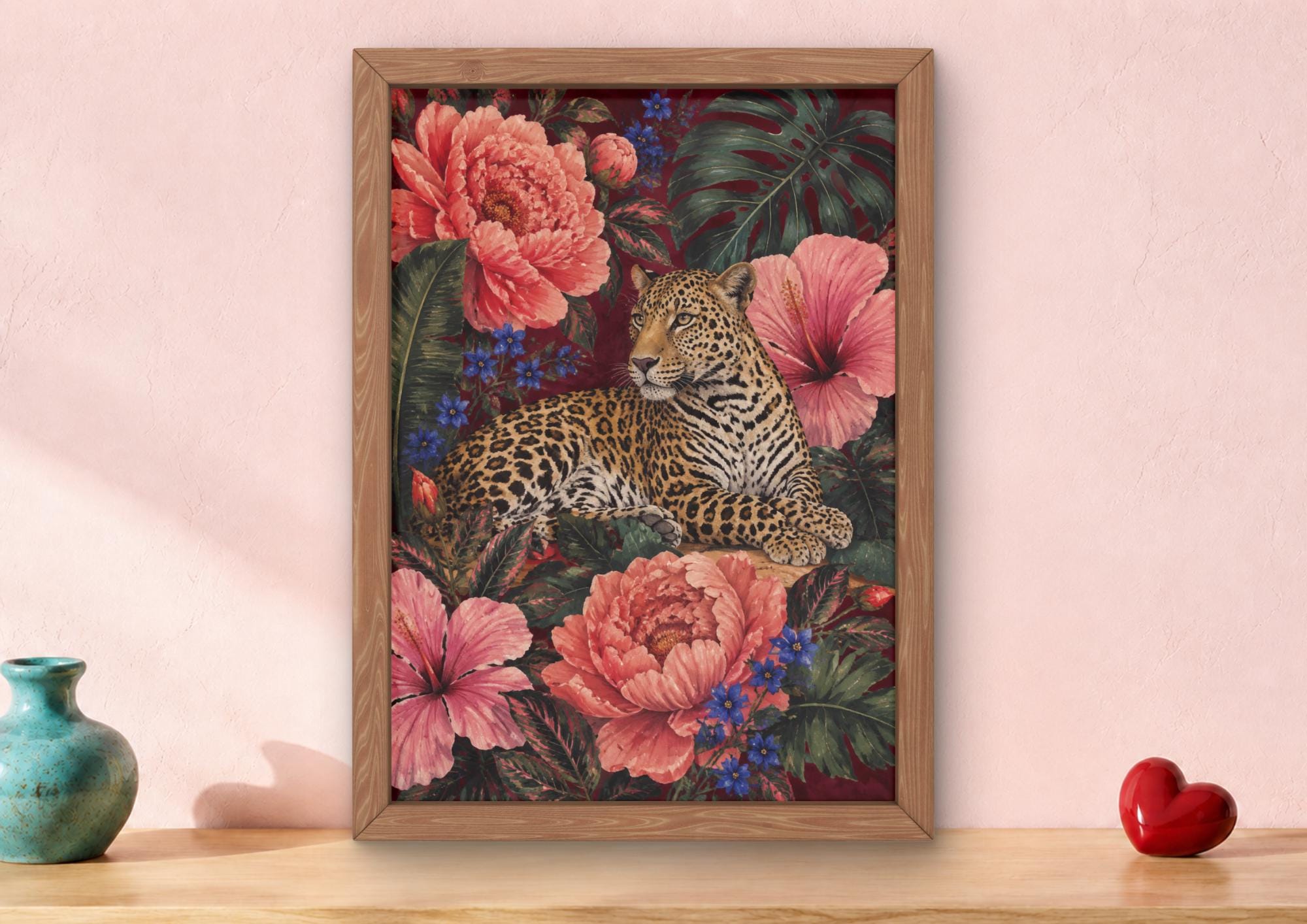 Maximalist Leopard Print, Floral Jungle Wall Art, Burgundy Botanical Decor