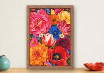 Maximalist Floral Wall Art, Colourful Peonies Poppies Tulips Dahlias Print