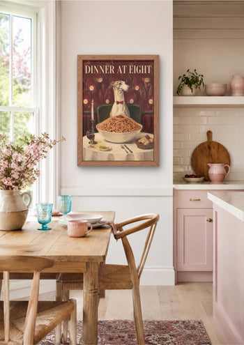 Whippet Spaghetti Dinner Print, Funny Italian Food Dog Art, Kitchen Wall Poster