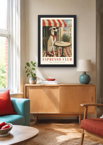 Whippet Espresso Club Print, Italian Cafe Wall Art, Sighthound Coffee Poster