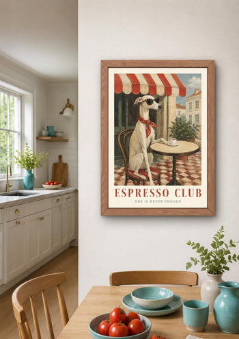 Whippet Espresso Club Print, Italian Cafe Wall Art, Sighthound Coffee Poster