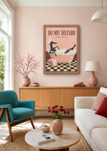 Funny Whippet Bath Art, Black Sighthound Bubble Bath Poster, Pink Bathroom Decor