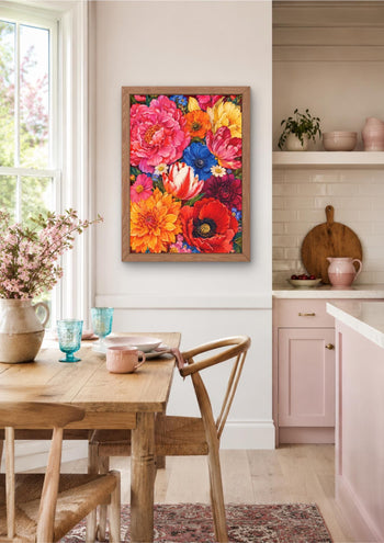 Maximalist Floral Wall Art, Colourful Peonies Poppies Tulips Dahlias Print