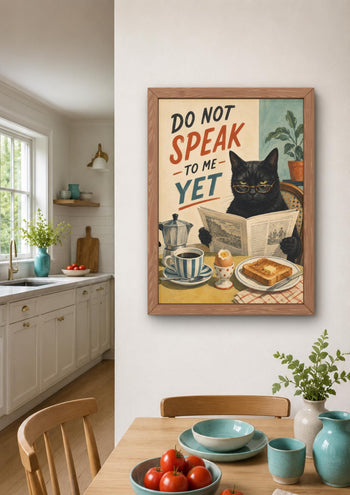 Funny Black Cat Morning Coffee Print, Grumpy Cat Wall Art, Kitchen Decor