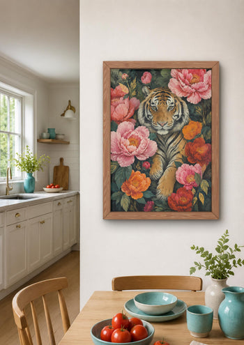 Maximalist Tiger Floral Art Print, Botanical Peony Animal Poster, Jungle Gallery Wall