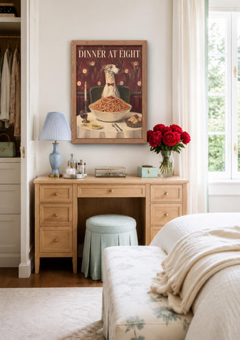 Whippet Spaghetti Dinner Print, Funny Italian Food Dog Art, Kitchen Wall Poster