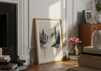 Japandi Forest Print: Sumi-e Ink Landscape, Zen Wall Art